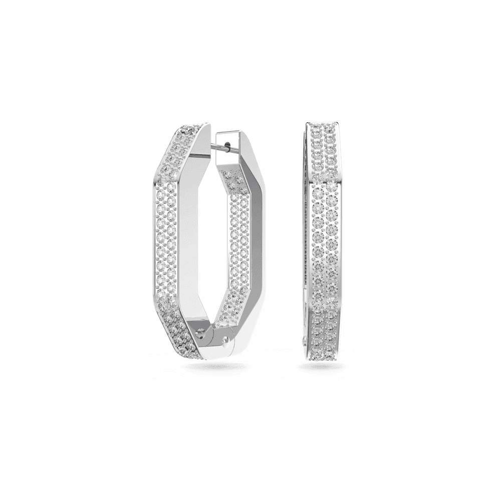 Dextera hoop earrings, Octagon shape, Medium, White, Rhodium plated