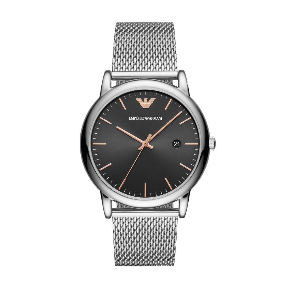 EMPORIO ARMANI THREE-HAND STAINLESS STEEL MESH BRACELET WATCH WITH BLACK DIAL