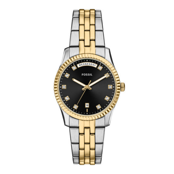 Fossil Scarlette Black Dial Day/Date Ladies Two-Toned Stainless Steel Watch