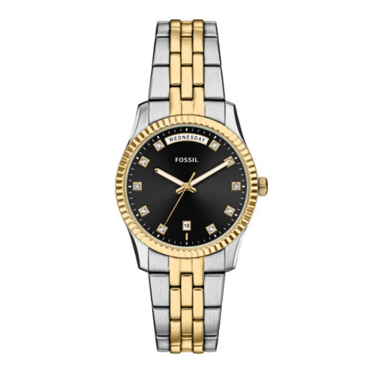 Fossil Scarlette Black Dial Day/Date Ladies Two-Toned Stainless Steel Watch