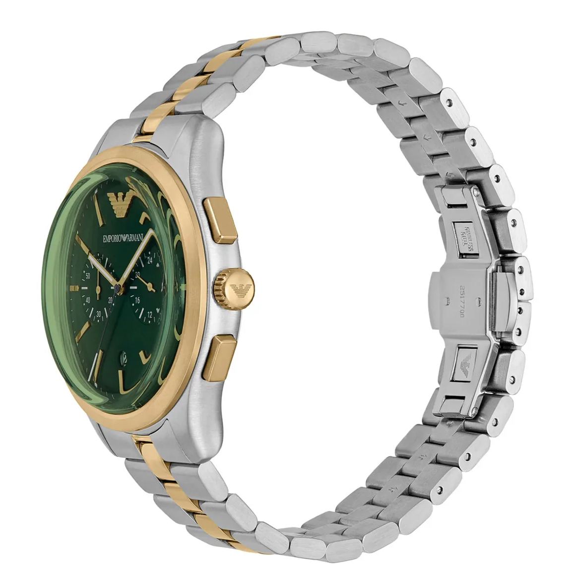 Emporio Armani Chronograph Two Tone Gents Stainless Steel Green Dial Watch