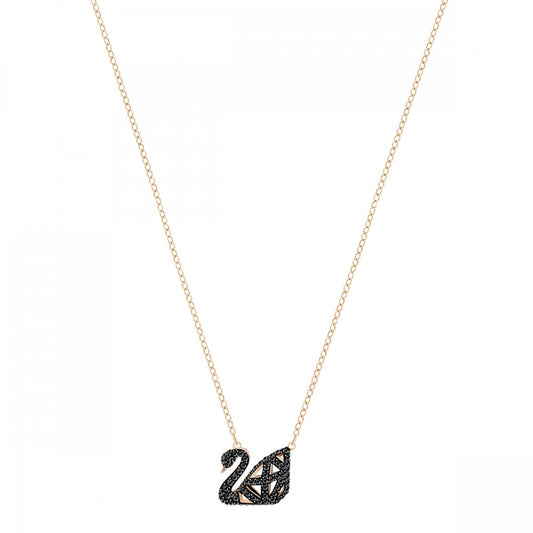 FACET SWAN REVERSIBLE NECKLACE, BLACK SWAROVSKI CRYSTAL ON ONE SIDE & CLEAR CRYSTAL ON THE OTHER SIDE, ROSE GOLD TONE PLATED