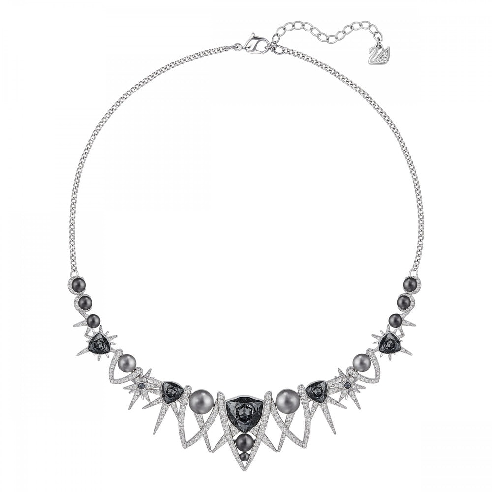 FANTASTIC GREY & CLEAR CRYSTALS & GREY CRYSTAL PEARLS, RHODIUM NECKLACE