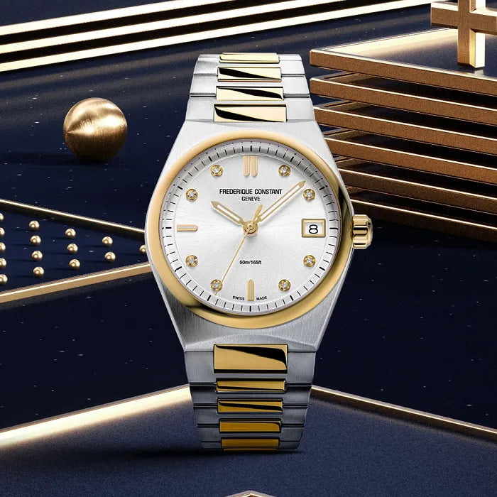 Frederique Constant Ladies Highlife Diamond Ladies Two-Tone Watch with Interchangable White Silicone Strap