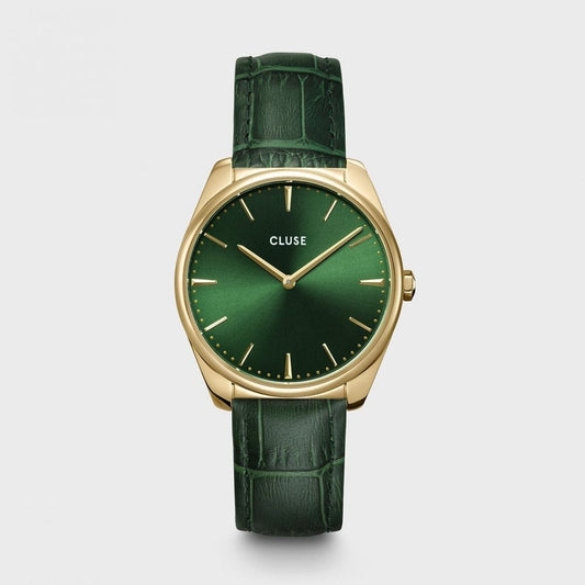 FEROCE LADIES GOLD STAINLESS STEEL WATCH WITH GREEN LEATHER STRAP & GREEN DIAL
