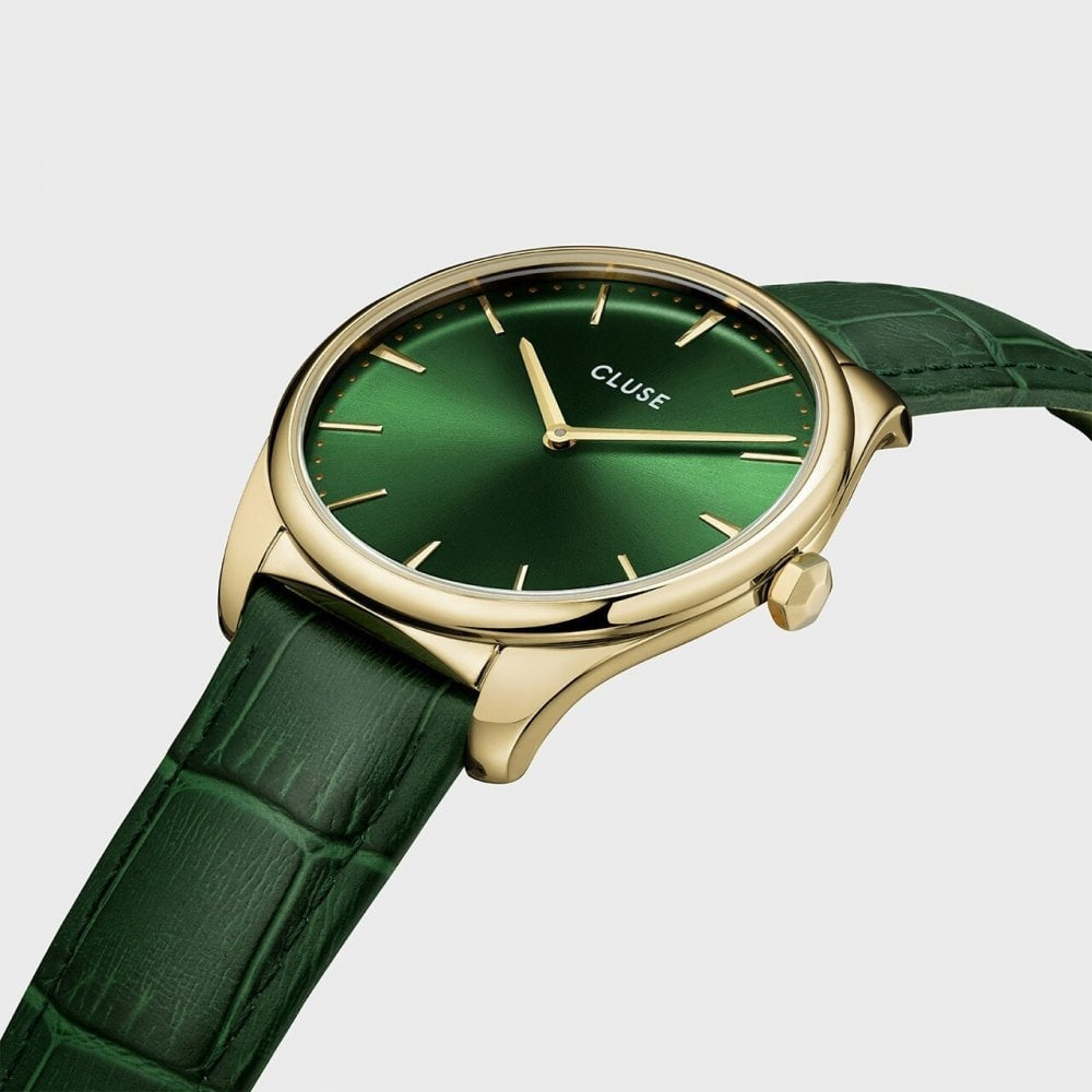 FEROCE LADIES GOLD STAINLESS STEEL WATCH WITH GREEN LEATHER STRAP & GREEN DIAL
