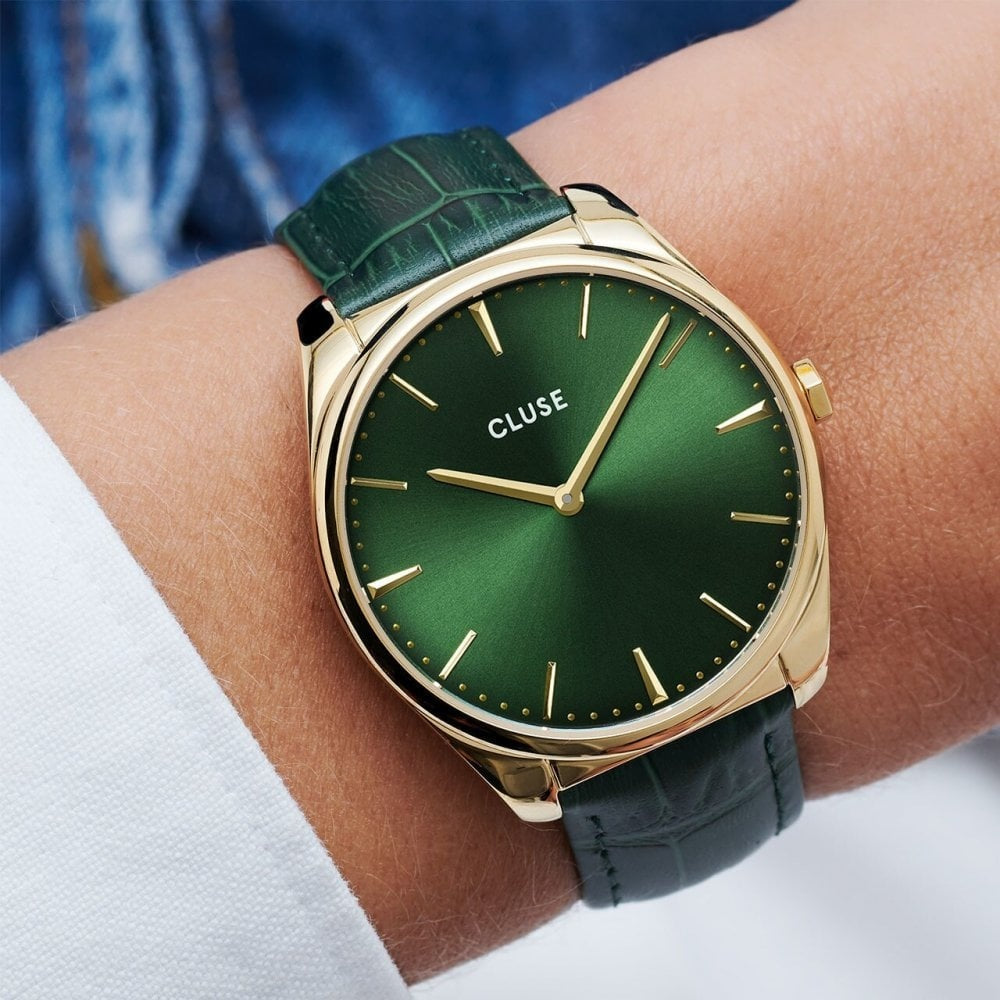 FEROCE LADIES GOLD STAINLESS STEEL WATCH WITH GREEN LEATHER STRAP & GREEN DIAL