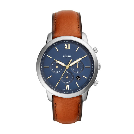 FOSSIL NEUTRA STAINLESS STEEL CHRONOGRAPH WATCH WITH BLUE DIAL & BROWN LEATHER STRAP
