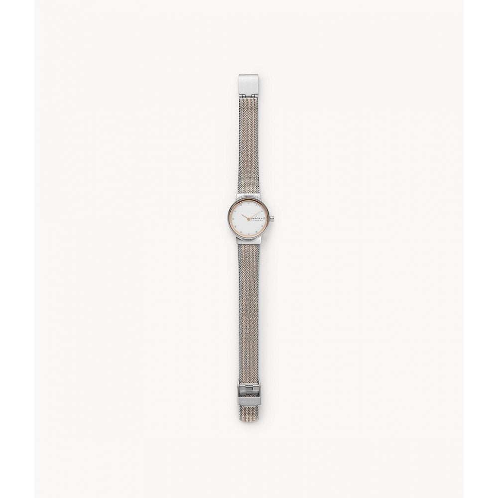 FREJA ROSE GOLD STAINLESS STEEL LADIES MESH BRACELET WATCH WITH ZIRCONIA ON WHITE DIAL