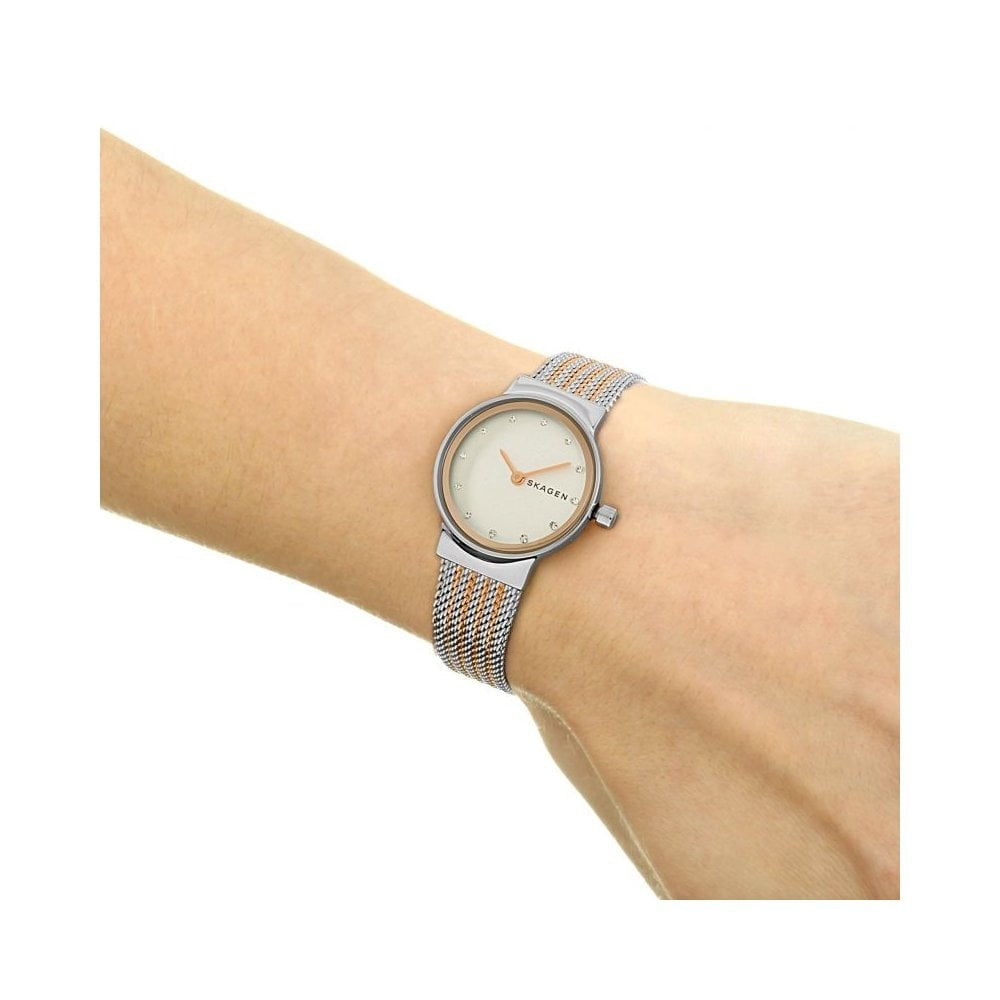 FREJA ROSE GOLD STAINLESS STEEL LADIES MESH BRACELET WATCH WITH ZIRCONIA ON WHITE DIAL
