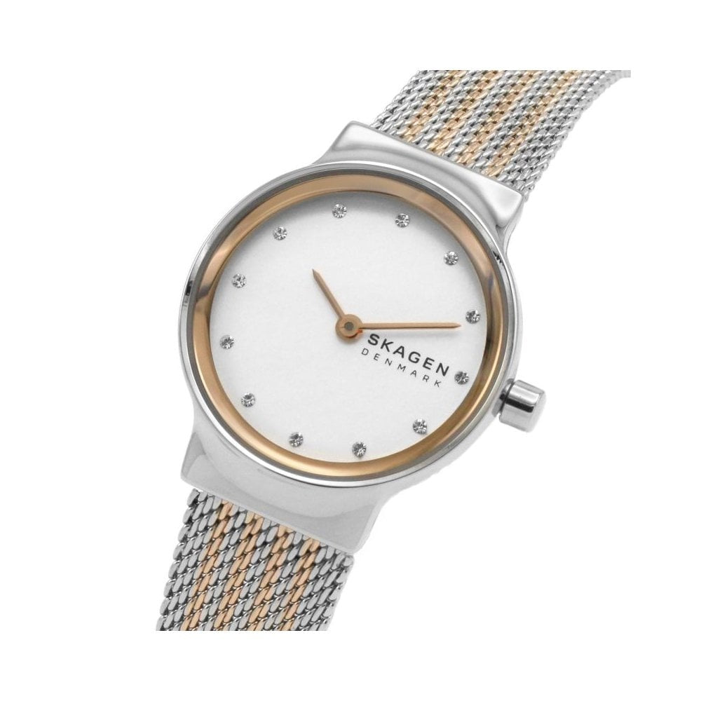 FREJA ROSE GOLD STAINLESS STEEL LADIES MESH BRACELET WATCH WITH ZIRCONIA ON WHITE DIAL