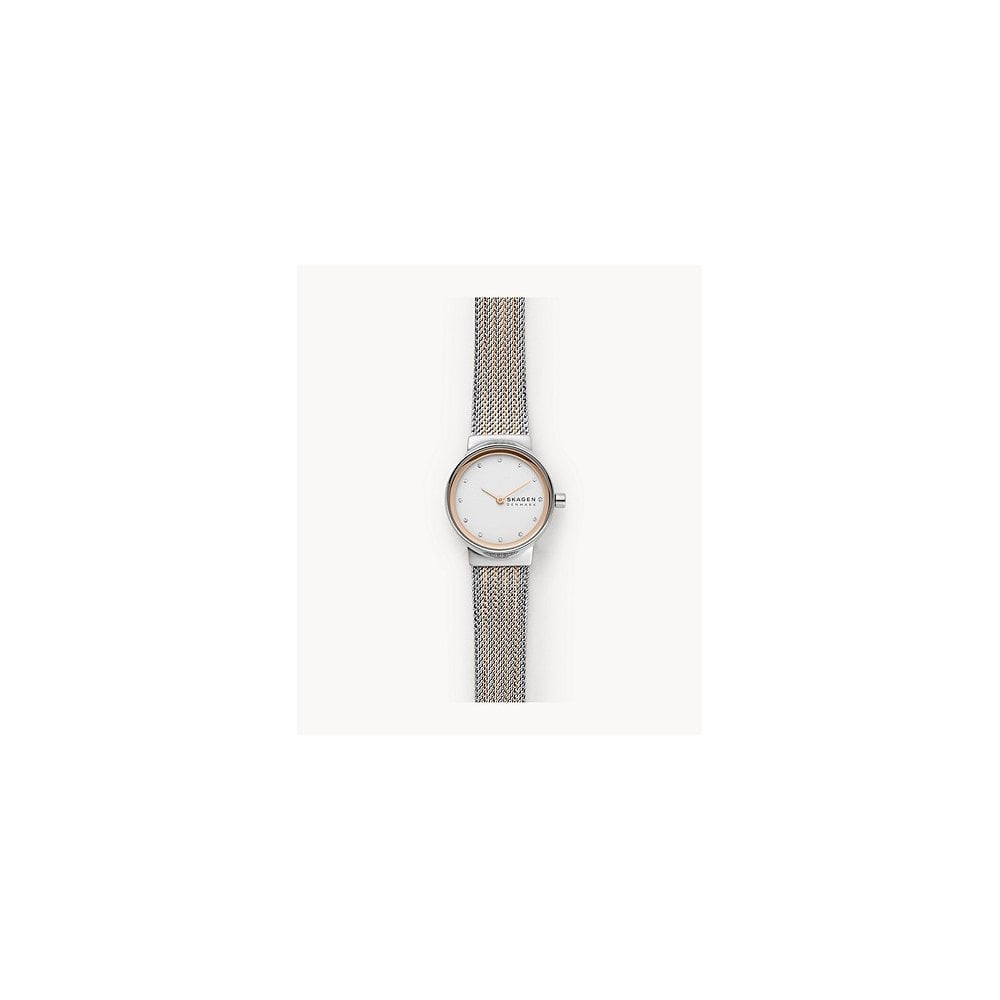 FREJA ROSE GOLD STAINLESS STEEL LADIES MESH BRACELET WATCH WITH ZIRCONIA ON WHITE DIAL