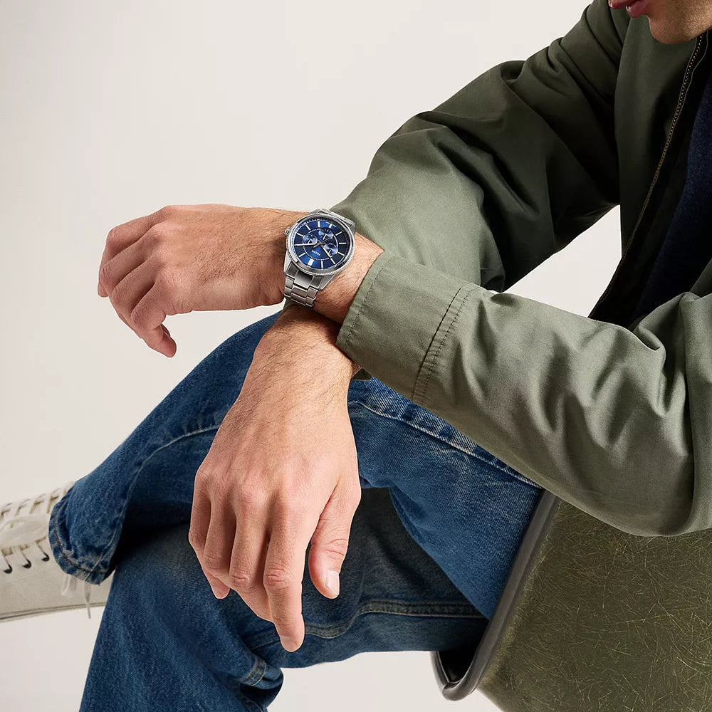 PEARSON BLUE DIAL GENTS STAINELSS STEEL FOSSIL WATCH