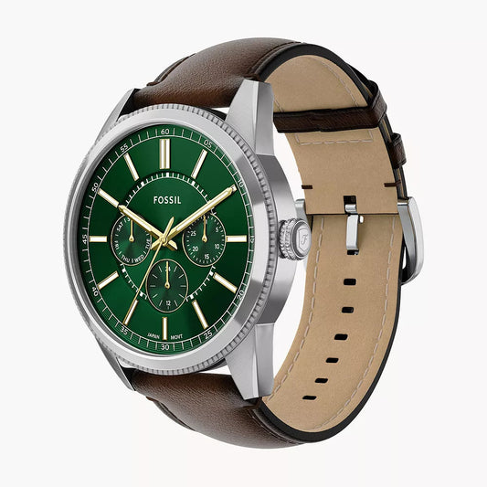 FOSSIL PEARSON GREEN DIAL GENTS BROWN LEATHER WATCH