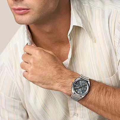 FOSSIL EVERETT SUNRAY LIGHT BLUE DIAL GENTS STAINLESS STEEL WATCH