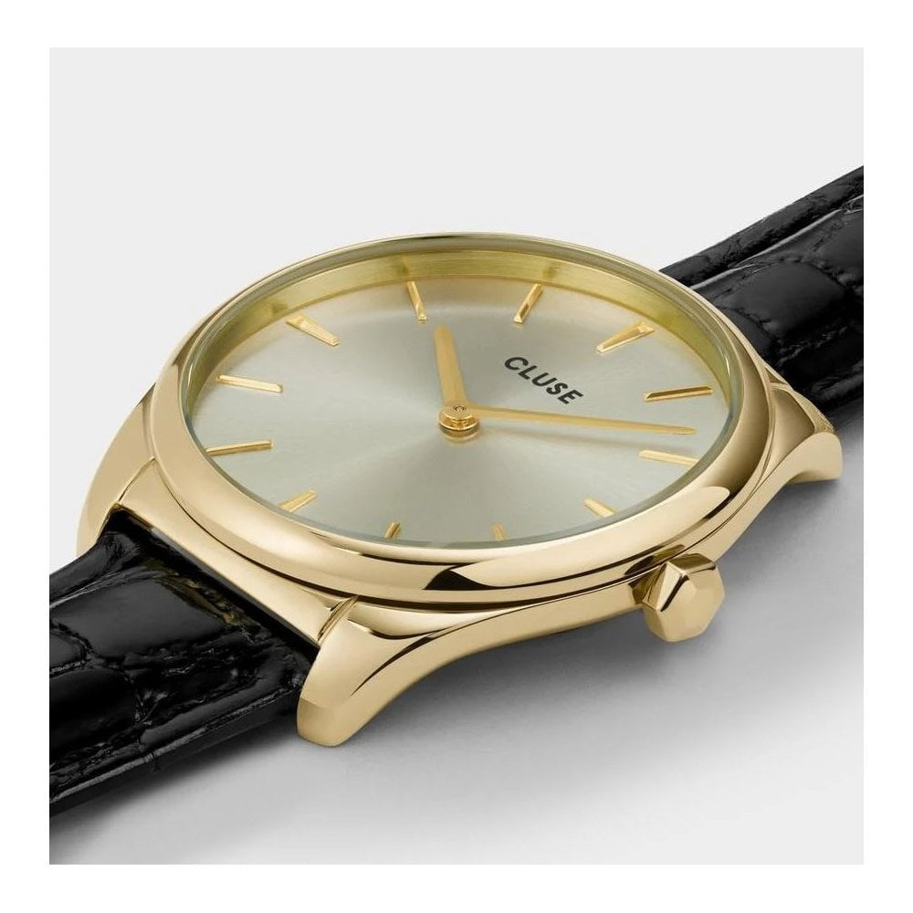 Feroce, Gold Dial, Ladies Black Alligator Leather Watch