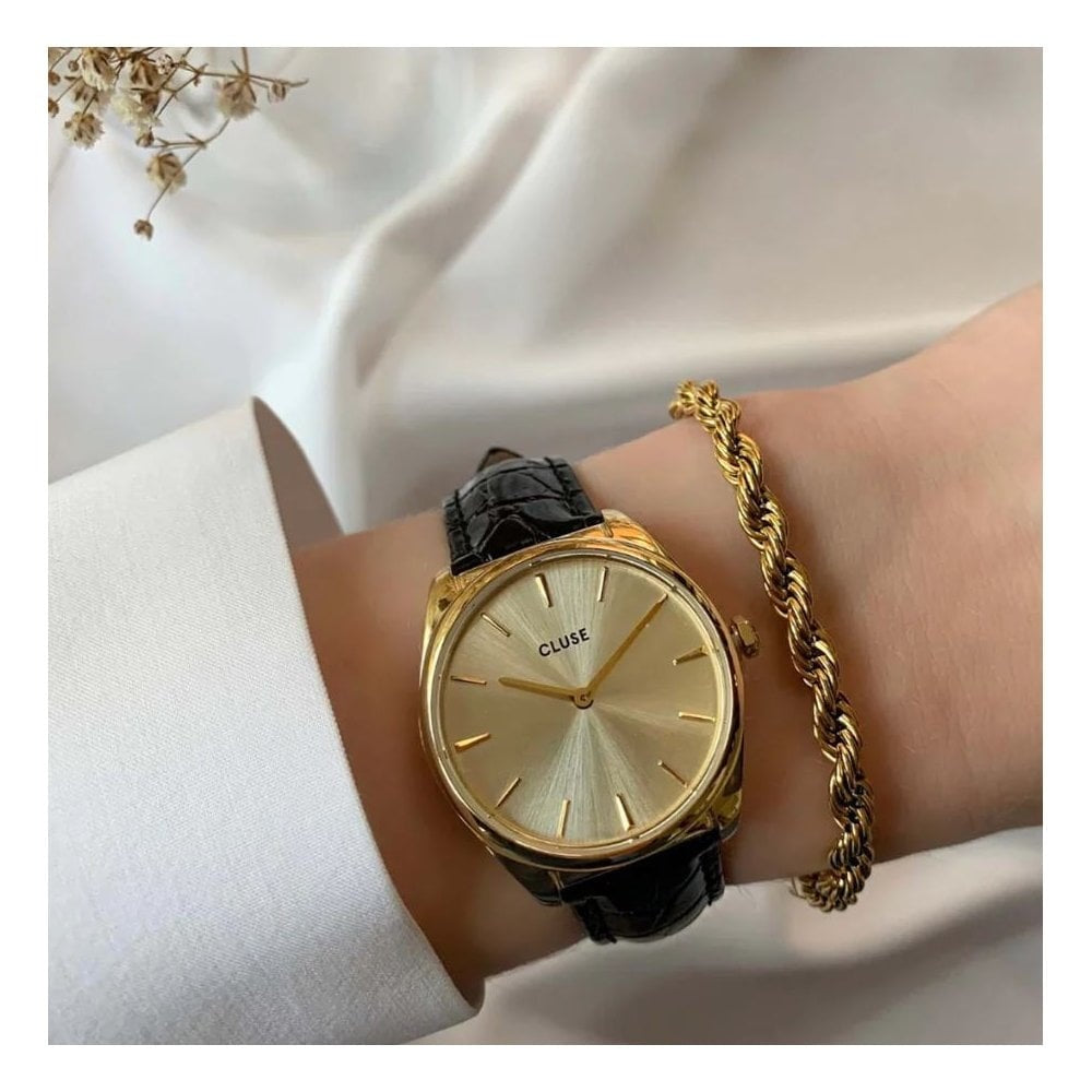 Feroce, Gold Dial, Ladies Black Alligator Leather Watch
