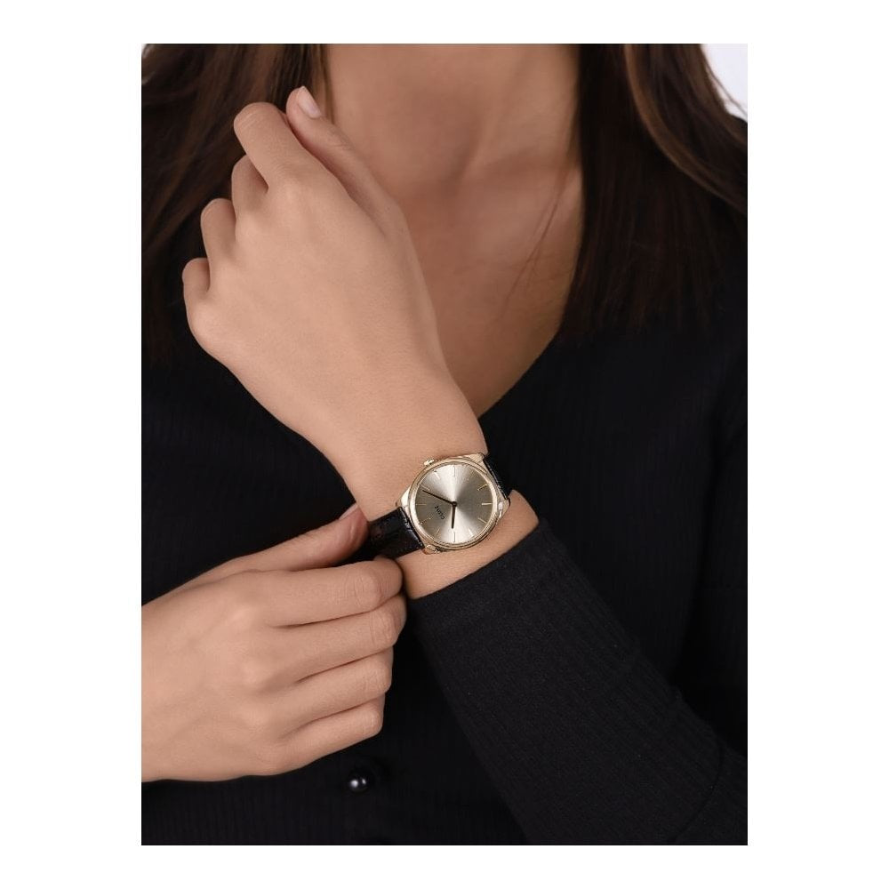 Feroce, Gold Dial, Ladies Black Alligator Leather Watch