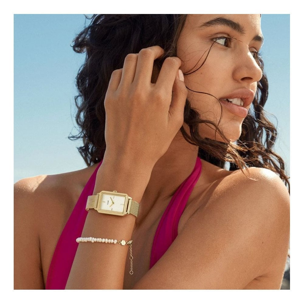 Fluette Watch, White Dial, Ladies Gold Mesh Watch