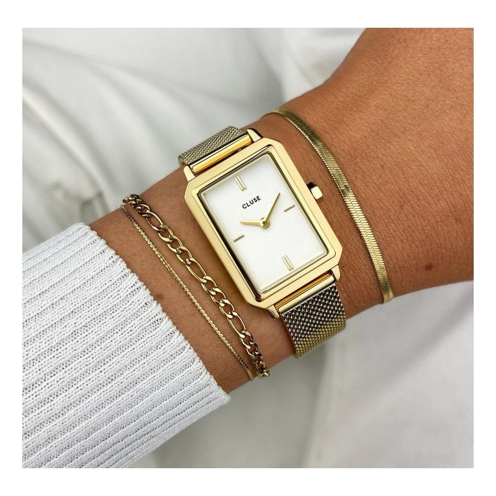 Fluette Watch, White Dial, Ladies Gold Mesh Watch