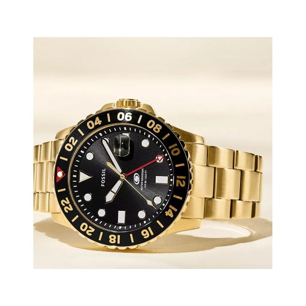 Fossil Blue GMT, Black Dial, Gold-Toned Gents Stainless Steel Watch