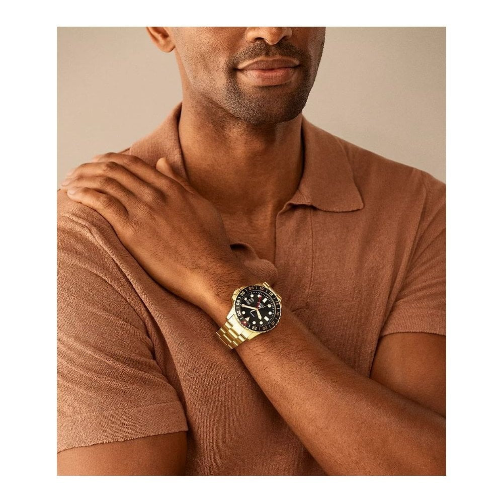 Fossil Blue GMT, Black Dial, Gold-Toned Gents Stainless Steel Watch