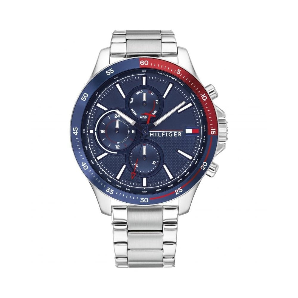 GENTS BANK STAINLESS STEEL BRACELET WATCH WITH NAVY & RED DIAL