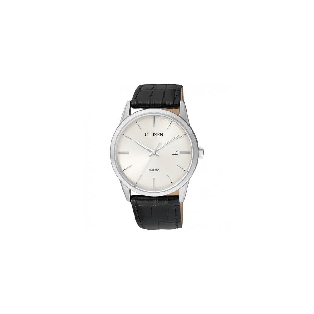 GENTS BLACK WHITE DIAL LEATHER STRAP QUARTZ WATCH