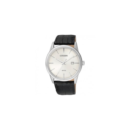 GENTS BLACK WHITE DIAL LEATHER STRAP QUARTZ WATCH
