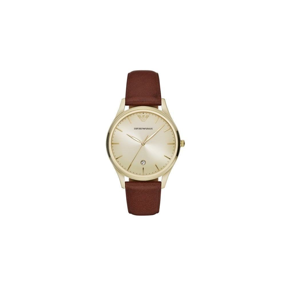GENTS GOLD ANALOGUE BROWN LEATHER STRAPPED WATCH