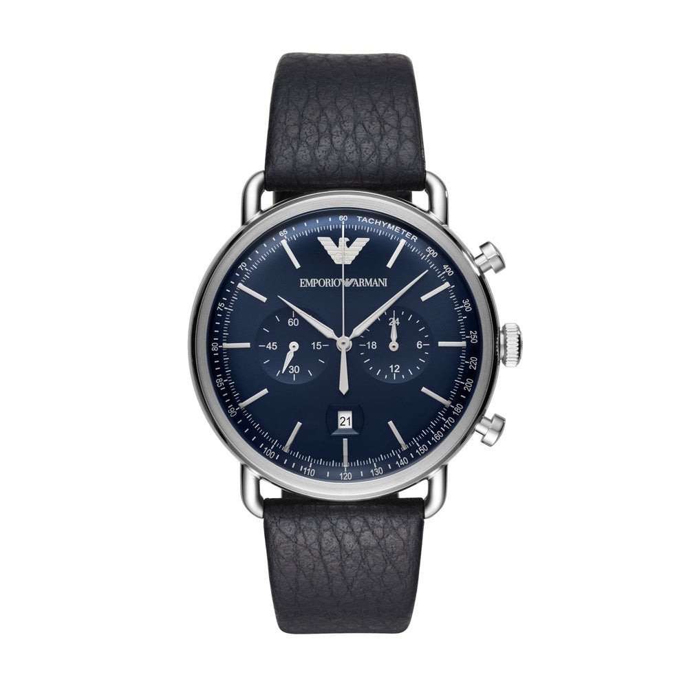 GENTS LEATHER CHRONOGRAPH WATCH WITH BLUE FACE & LEATHER STRAP