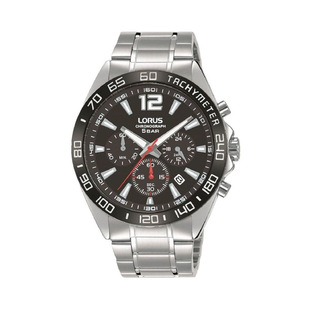 GENTS STAINLESS STEEL BRACELET WATCH WITH BLACK CHRONOGRAPH DIAL