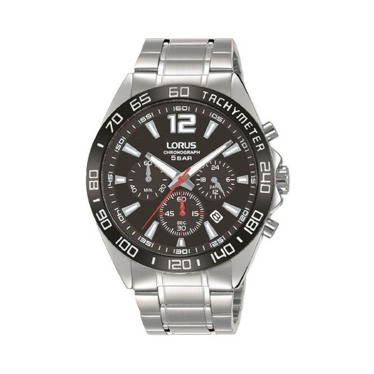 GENTS STAINLESS STEEL BRACELET WATCH WITH BLACK CHRONOGRAPH DIAL