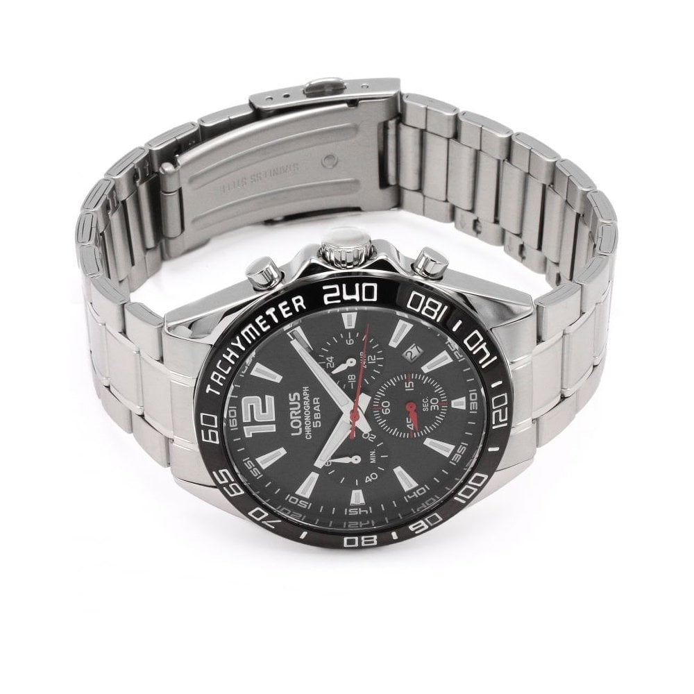 GENTS STAINLESS STEEL BRACELET WATCH WITH BLACK CHRONOGRAPH DIAL