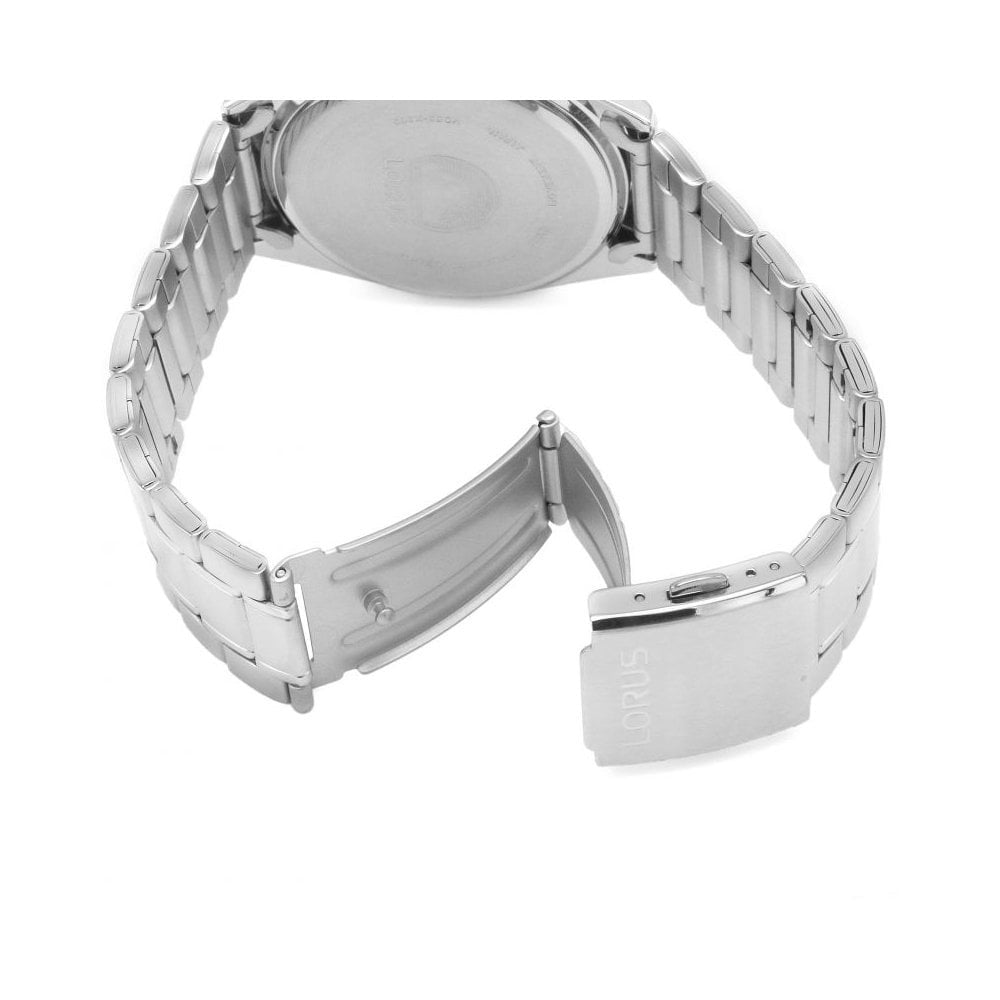 GENTS STAINLESS STEEL BRACELET WATCH WITH BLACK CHRONOGRAPH DIAL