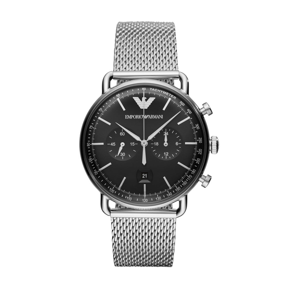 GENTS STAINLESS STEEL CHRONOGRAPH MESH BRACELET WATCH WITH BLACK DIAL