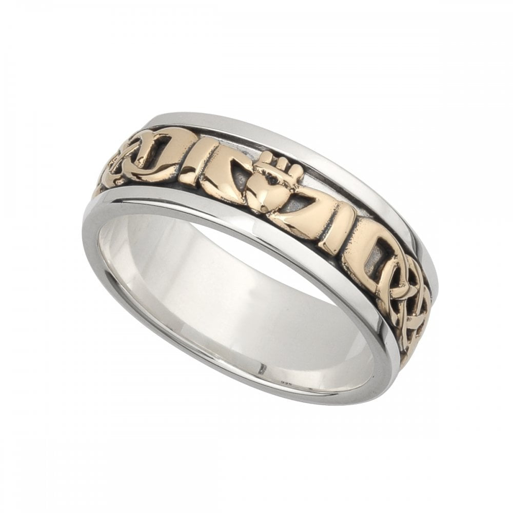 GENTS STERLING SILVER & 10CT GOLD CLADDAGH & CELTIC RING 