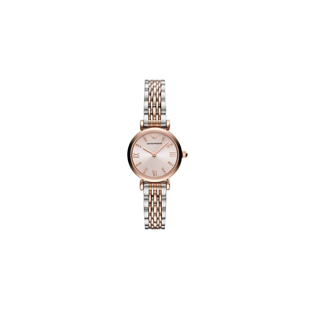 GIANNI T BAR ARMANI STAINLESS STEEL & ROSE GOLD LADIES BRACELET WATCH WITH PINK CHAMPAGNE DIAL