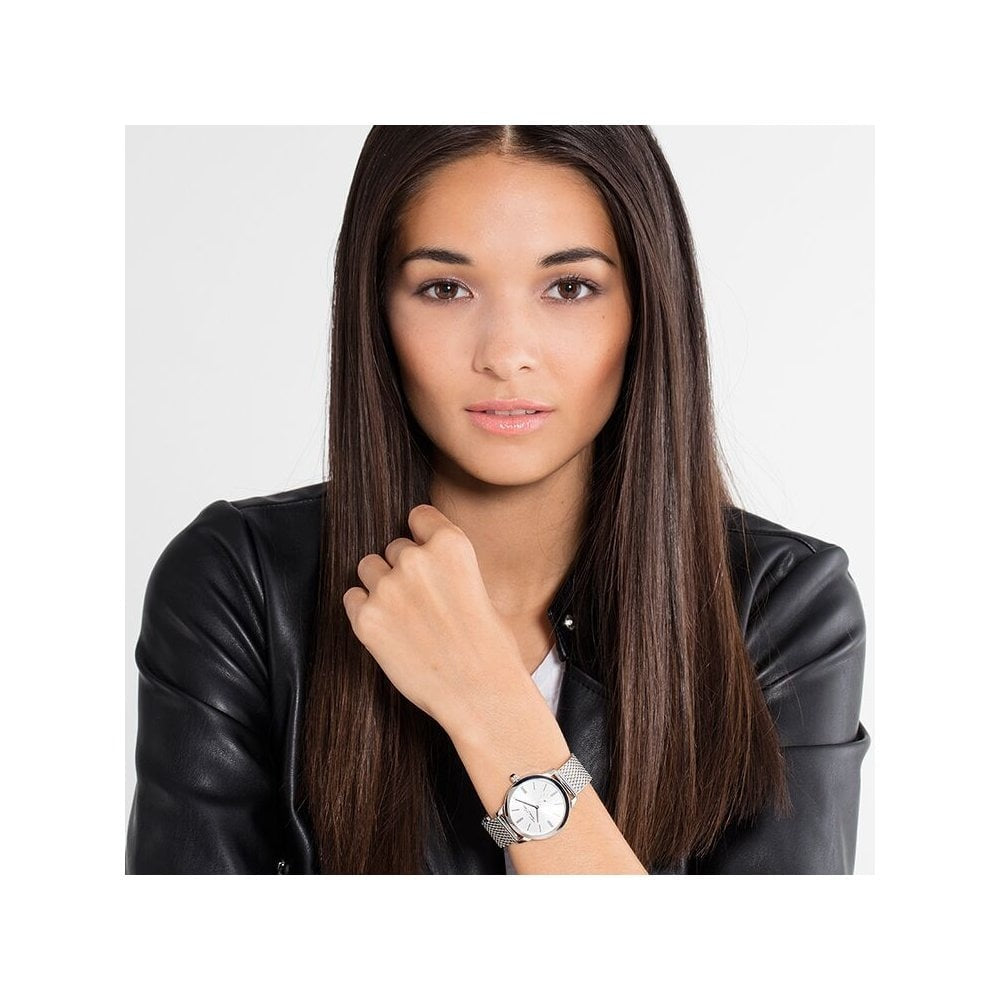 GLAM SPIRIT LADIES WATCH, STAINLESS STEEL MESH BRACELET, SILVER SUNRAY DIAL & BLACK ONYX ON THE CROWN