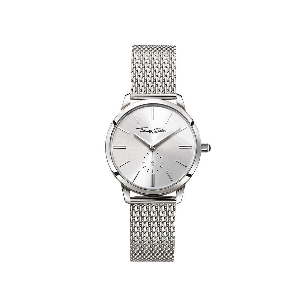 GLAM SPIRIT LADIES WATCH, STAINLESS STEEL MESH BRACELET, SILVER SUNRAY DIAL & BLACK ONYX ON THE CROWN