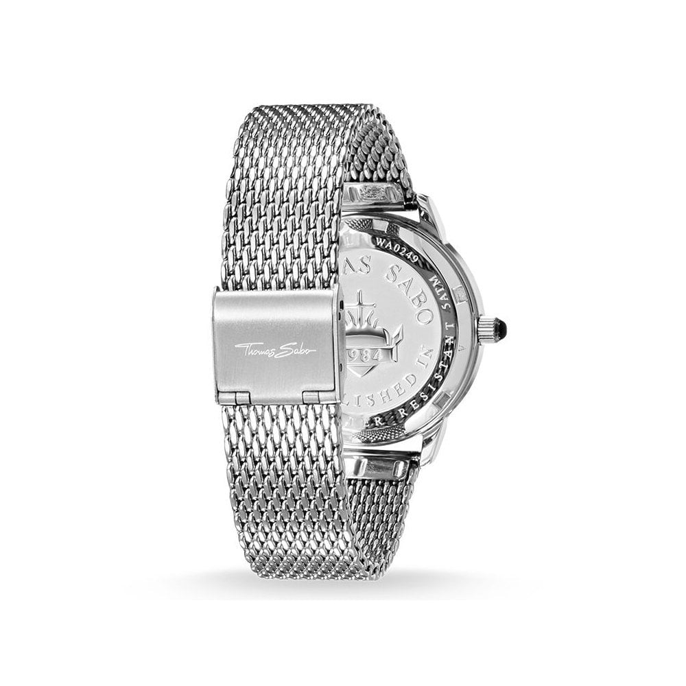 GLAM SPIRIT LADIES WATCH, STAINLESS STEEL MESH BRACELET, SILVER SUNRAY DIAL & BLACK ONYX ON THE CROWN