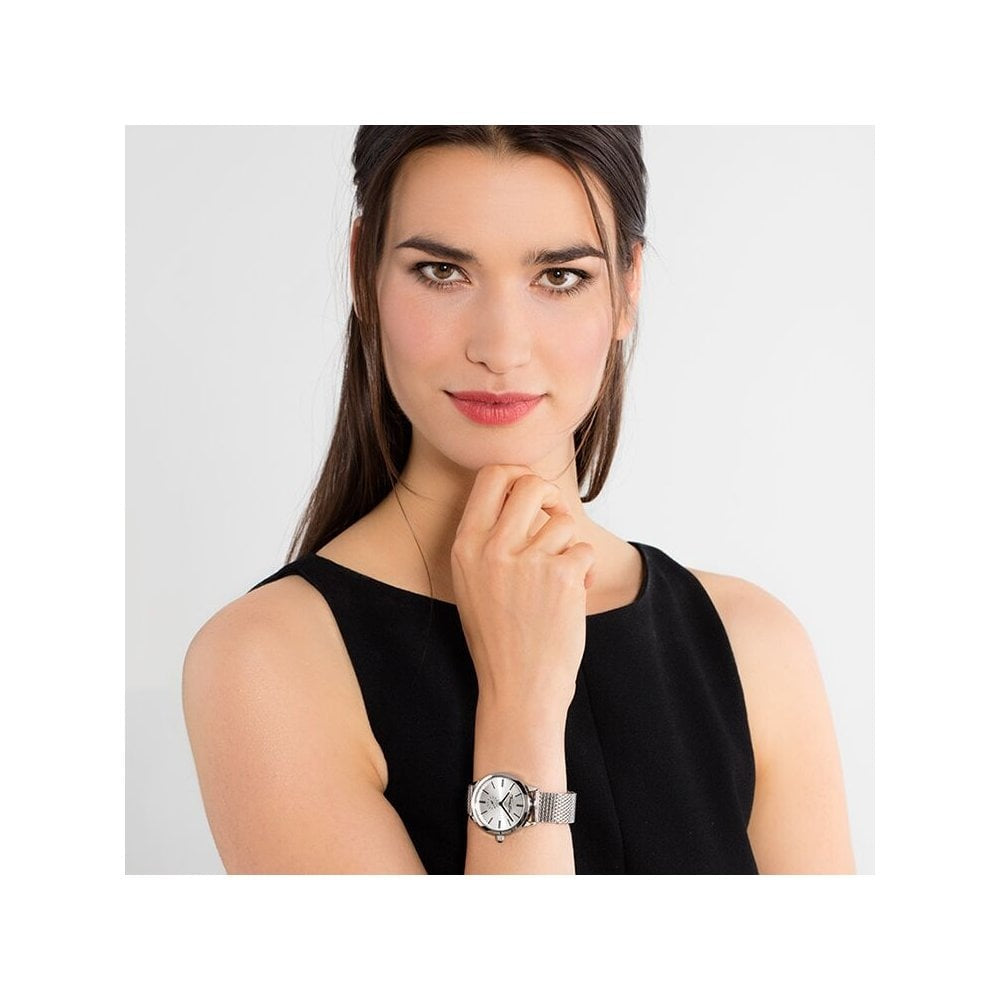 GLAM SPIRIT LADIES WATCH, STAINLESS STEEL MESH BRACELET, SILVER SUNRAY DIAL & BLACK ONYX ON THE CROWN