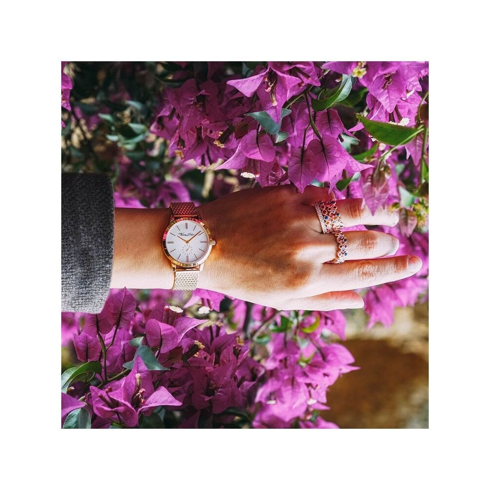 GLAM SPIRIT ROSE GOLD ON STAINLESS STEEL MESH BRACELET WATCH, MOTHER OF PEARL DIAL WITH ROSE GOLD INDICES & HANDS, CZ ON THE CROWM