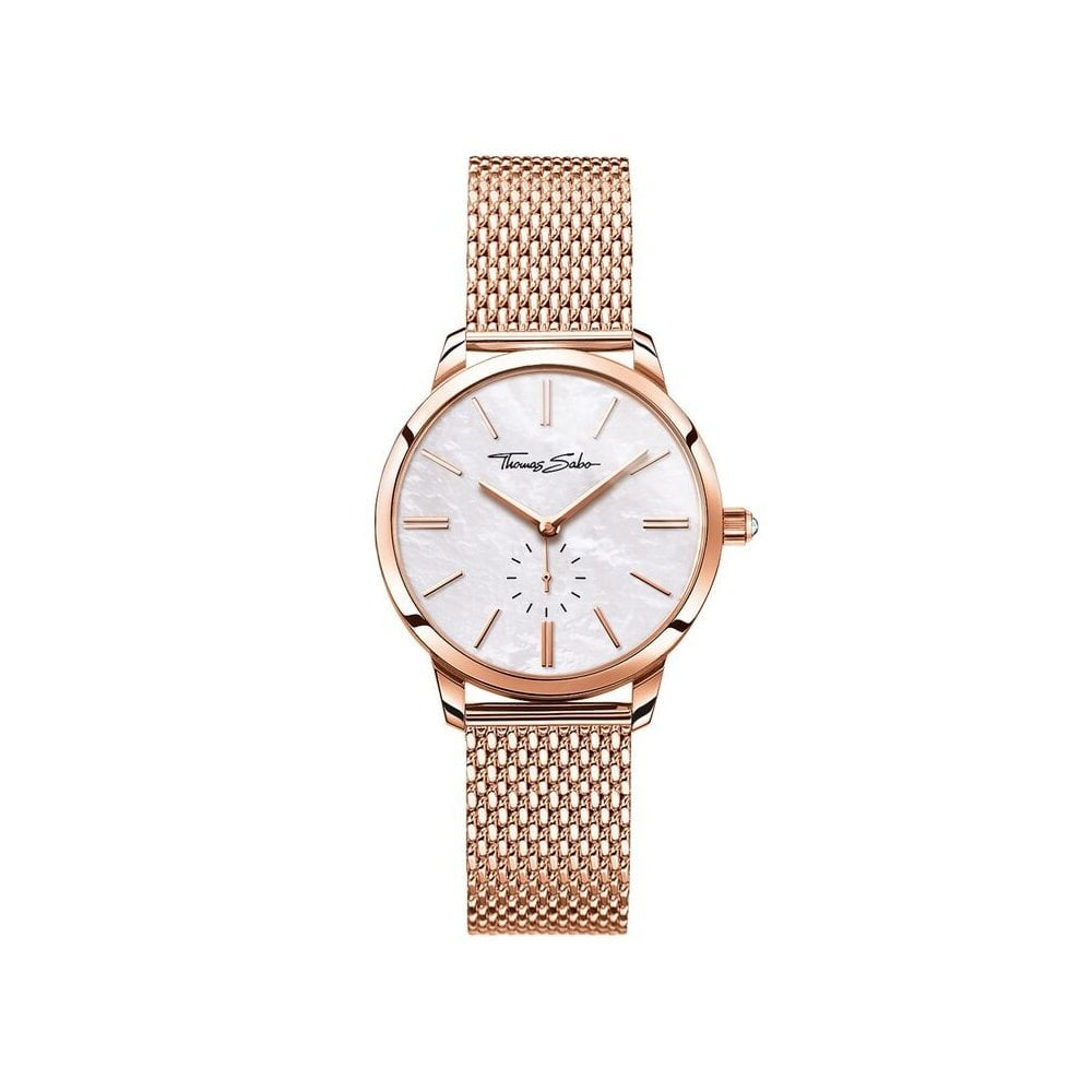 GLAM SPIRIT ROSE GOLD ON STAINLESS STEEL MESH BRACELET WATCH, MOTHER OF PEARL DIAL WITH ROSE GOLD INDICES & HANDS, CZ ON THE CROWM