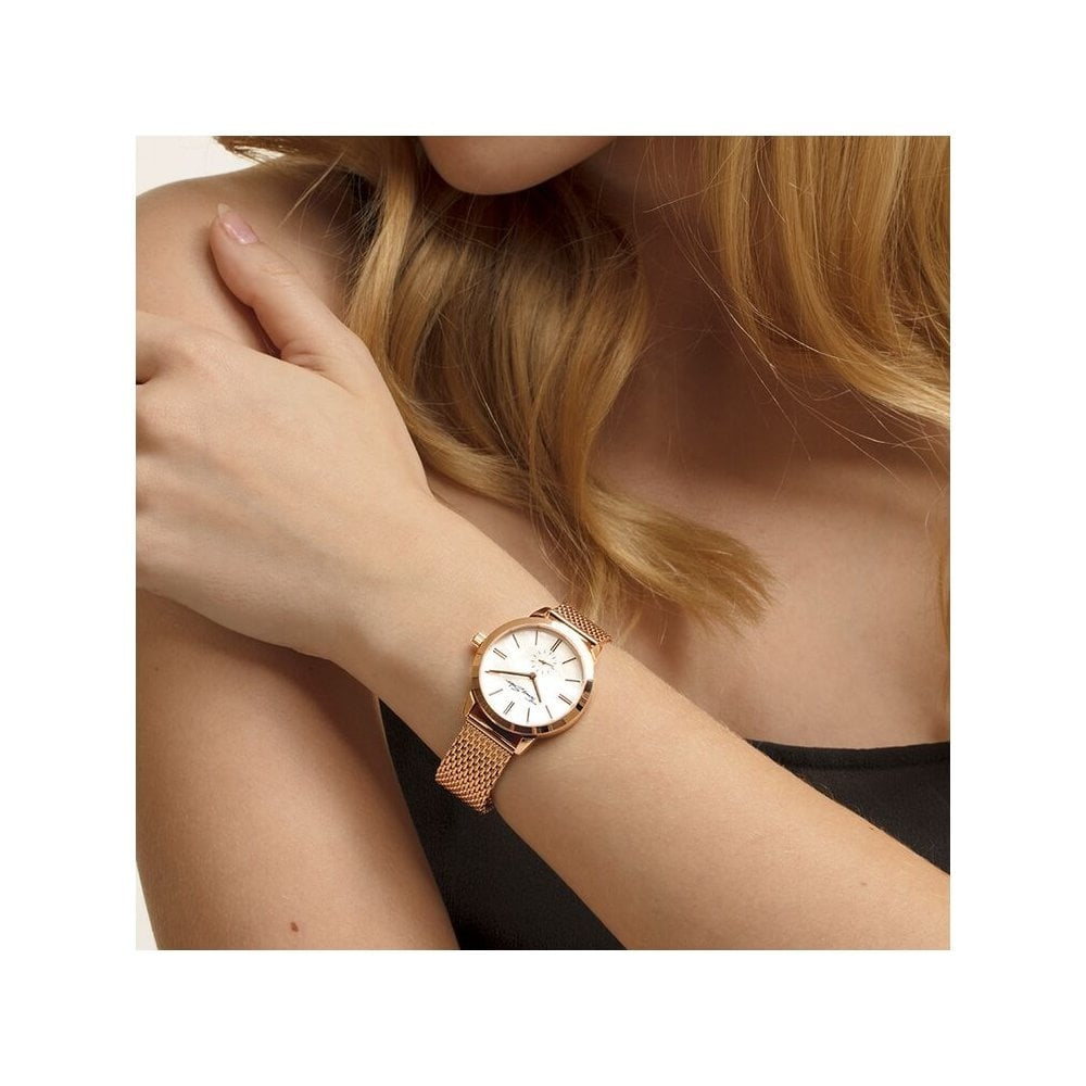 GLAM SPIRIT ROSE GOLD ON STAINLESS STEEL MESH BRACELET WATCH, MOTHER OF PEARL DIAL WITH ROSE GOLD INDICES & HANDS, CZ ON THE CROWM