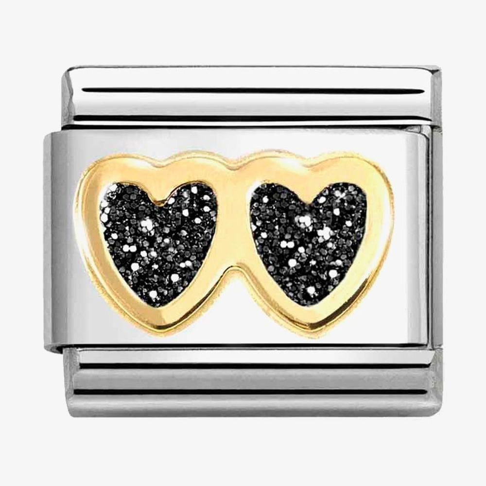 GOLD DOUBLE HEART CHARM WITH BLACK GLITTER