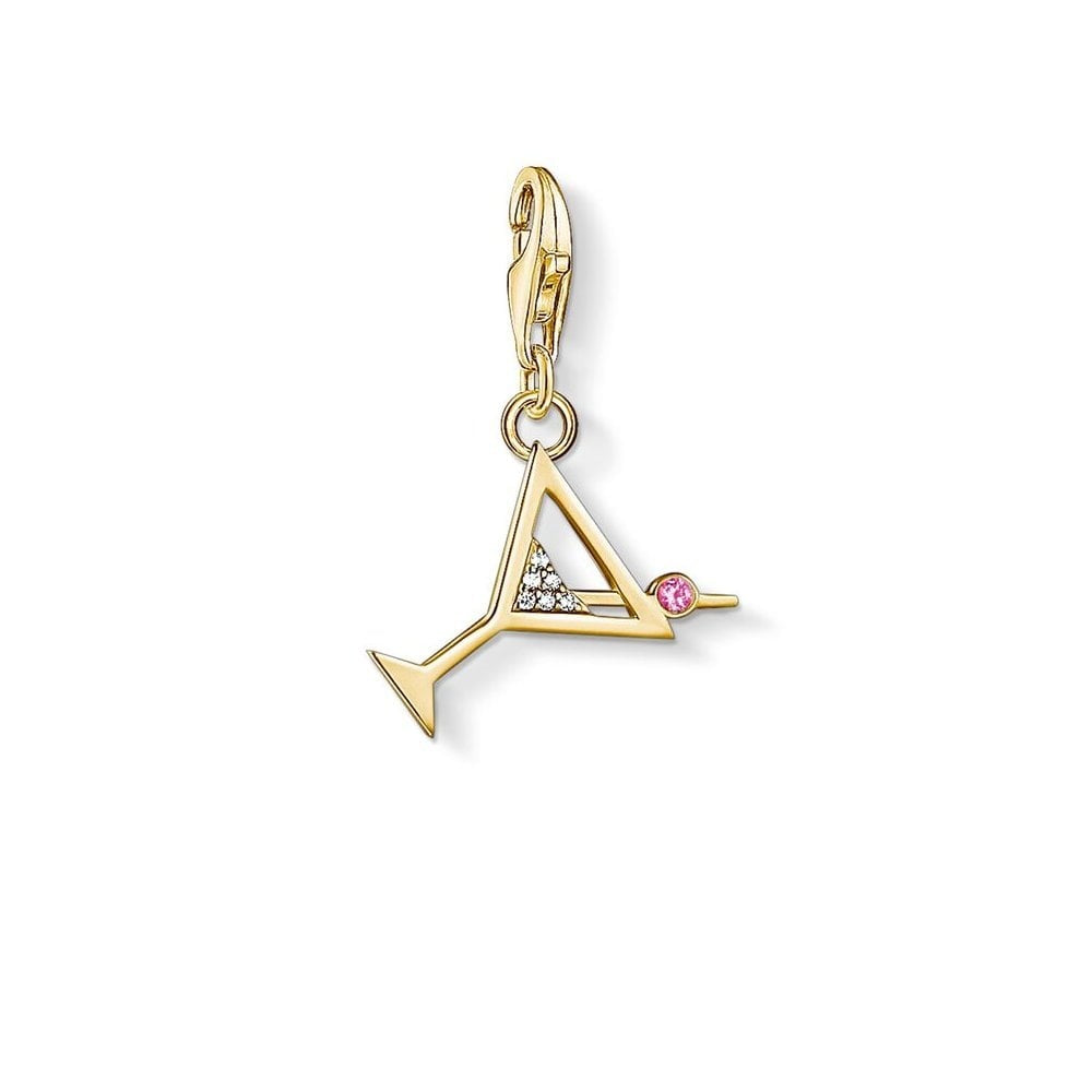 GOLD ON SILVER COCKTAIL GLASS CHARM PENDANT WITH CORUNDUM & CUBIC ZIRCONIA