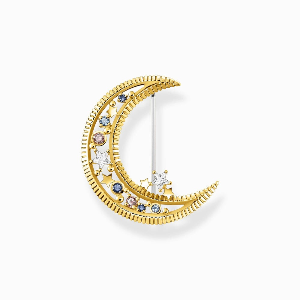 GOLD ON SILVER CRESCENT MOON BROOCH WITH COLOURED STONES