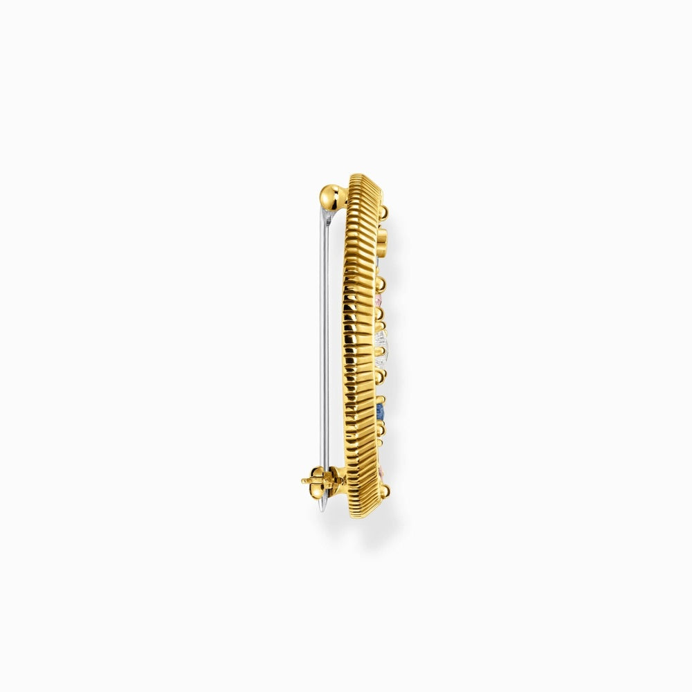 GOLD ON SILVER CRESCENT MOON BROOCH WITH COLOURED STONES