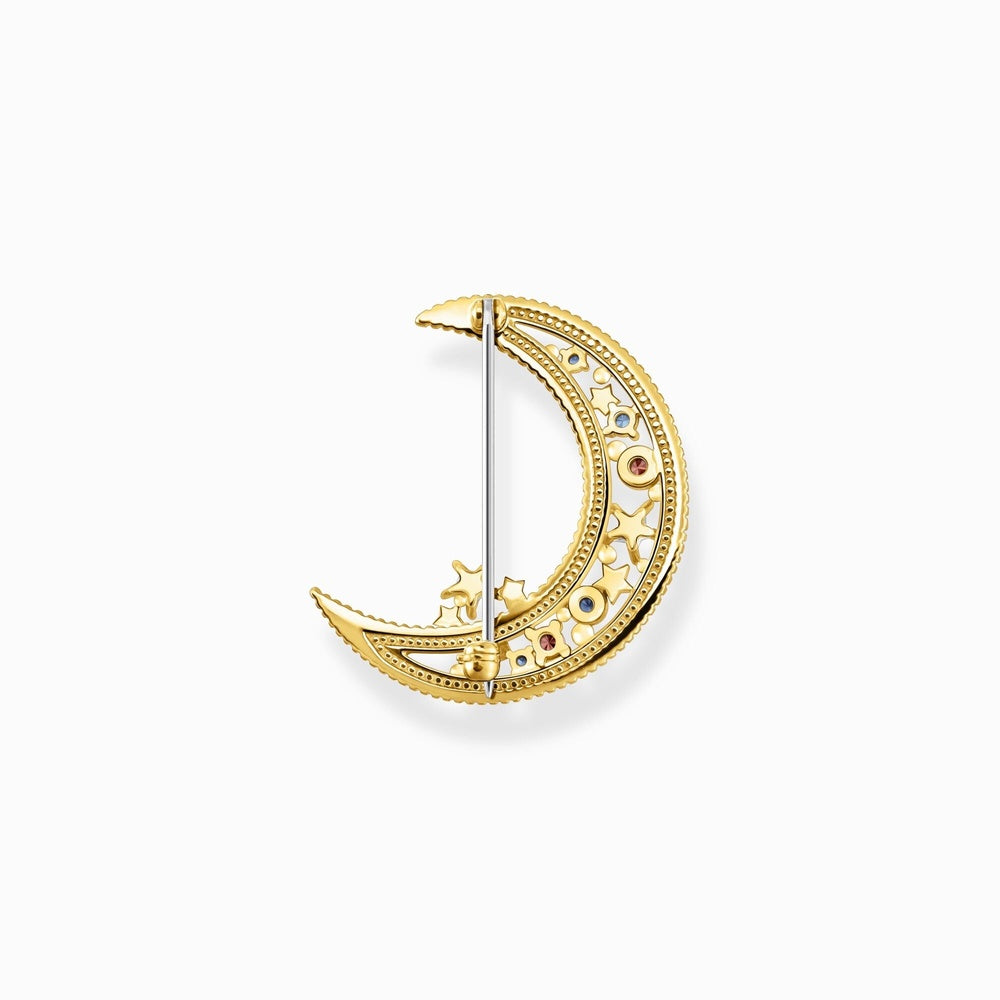 GOLD ON SILVER CRESCENT MOON BROOCH WITH COLOURED STONES